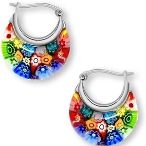 Murano Style Glass Hoop Earrings for Women. Daisy Flower. Stainless Steel.